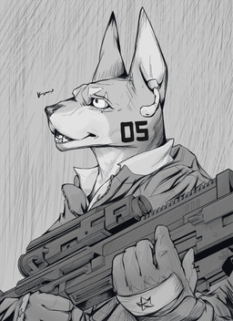 ambiguous_gender anthro clothed clothed_ambiguous clothed_anthro clothing collared_shirt countershade_face countershade_neck countershading dot_pupils earpiece eye_scar eyebrows facial_scar front_view gloves gun handwear holding_gun holding_object holding_ranged_weapon holding_rifle holding_weapon jacket number_on_body number_on_head open_mouth raining ranged_weapon rifle scar shirt solo star_(symbol) teeth text topwear weapon kuromonsart canid canine canis dobermann domestic_dog mammal pinscher 2023 artist_name dated digital_drawing_(artwork) digital_media_(artwork) english_text greyscale half-length_portrait hi_res monochrome portrait screentone