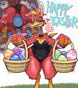 angry anthro basket beak big_egg bodily_fluids bow_tie breasts bunny_costume clothing container costume cross-popping_vein cuffs_(clothing) cutaway egg fake_ears fake_rabbit_ears female front_view happy_easter holding_basket holding_container holding_object holidays onomatopoeia oviposition rear_view red_body scuted_legs scutes simple_background solo sound_effects standing sweat text thick_thighs white_background xingscourge banjo-kazooie easter rareware kazooie avian breegull 2025 digital_media_(artwork) english_text hi_res