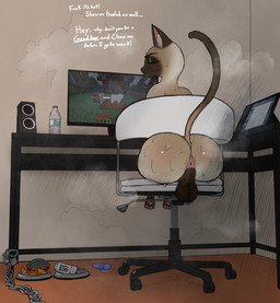 4_toes anus backsack balls big_butt bodily_fluids butt chair desk dialogue drawing_tablet electronics ellipsis exclamation_point eyes_closed feet feral furniture gaming genitals good_boy heat_(temperature) male male_feral monitor on_chair pawpads pink_anus pubes sex_toy sitting sitting_on_chair smelly smelly_butt solo sweat sweaty_butt table talking_feral talking_to_viewer text toes vibrator wand_vibrator cr4vr0 microsoft minecraft minecraft_sheep_fucker mojang monster_energy xbox_game_studios domestic_cat felid feline felis mammal siamese_cat absurd_res censored colored digital_media_(artwork) english_text hi_res mosaic_censorship shaded