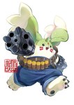 anthro barefoot beady_eyes bottomwear claws clothing denim denim_bottomwear denim_clothing feet gun_arm horn jeans long_ears male pants pawpads running shirtless solo toe_claws youzaiyouzai112 bandai_namco digimon digimon_(species) gargomon lagomorph leporid mammal rabbit hi_res