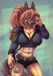 5_fingers abs anthro athletic athletic_anthro athletic_female belt big_breasts black_nose bottomwear breasts brown_body brown_fur brown_hair claws cleavage clothed clothing cuff_(restraint) eyewear female finger_claws fingers fur hair handcuffs hotpants metal_cuffs navel police police_uniform restraints shorts smile solo sunglasses uniform toxi_de_vyne_(artist) canid canine canis domestic_dog german_shepherd herding_dog mammal pastoral_dog 2023 hi_res signature