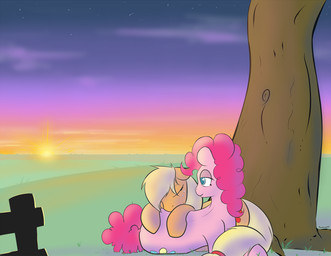 blonde_hair blue_eyes cloud cuddling cutie_mark duo eyes_closed female feral hair half-closed_eyes lying narrowed_eyes outside pink_hair plant sky sleeping star sunset tree scherzo friendship_is_magic hasbro my_little_pony applejack_(mlp) pinkie_pie_(mlp) earth_pony equid equine horse mammal pony
