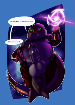 anthro balls bodily_fluids clothed clothing dripping genital_fluids genitals male male/male male_anthro male_focus precum precum_drip precum_string simple_background slightly_chubby slightly_chubby_anthro slightly_chubby_male speech_bubble text ben_d_koopa benediktus_(artist) hadou_(satsui-n0-had0u) god_of_destruction 2025 absurd_res digital_media_(artwork) hi_res watermark
