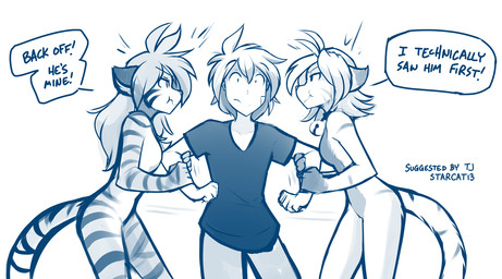 angry anthro arm_pull bell bell_collar bottomwear breasts casual_nudity clothed clothed/nude clothed_male clothing collar collar_only dialogue featureless_breasts female ffm fighting_over_boy fur gloves_(marking) group holding_arm male markings nude pants shirt simple_background small_breasts square_crossover striped_body striped_fur stripes tail text topwear trio white_background wide_eyed conditional_dnp tom_fischbach twokinds flora_(twokinds) kaylia_(twokinds) trace_legacy domestic_cat felid feline felis human keidran mammal pantherine tiger 2021 adobe_photoshop_(artwork) blue_and_white digital_media_(artwork) english_text monochrome sketch