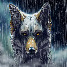 anthro black_body black_fur black_nose detailed_background ear_piercing ear_ring fur male outside piercing raining ring_piercing solo yellow_eyes wolfroad canid canine canis domestic_dog mammal 1:1 2015 digital_media_(artwork)