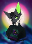 anthro clothed clothing hair heterochromia looking_at_viewer male markings smile solo spots topwear vaporwave ellaria kota_(kotafen) canid canine fennec_fox fox mammal true_fox 3:4 hi_res