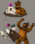 angry anthro bow_(feature) bow_tie brown_body clothing computer electronics hat headgear headwear humor machine male open_mouth solo table_flip teeth top_hat anactualsalamander five_nights_at_freddy's scottgames cupcake_(fnaf) freddy_(fnaf) animatronic bear mammal robot hi_res lol_comments meme reaction_image