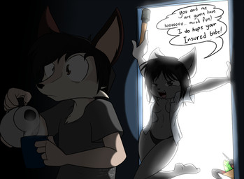 anthro bedroom_eyes beverage big_breasts black_hair breasts brown_body brown_eyes brown_fur clothed clothing coffee container cup dark detailed_background dialogue duo female fingers fur grey_body grey_fur hair kneeling male multicolored_body multicolored_fur narrowed_eyes navel open_clothing open_shirt open_topwear panties seductive shirt simple_eyes smile standing tan_body tan_fur teeth text tongue topwear underwear whiskers sandwich-anomaly vanessa_(sandwich-anomaly) wolf_j._samuel canid canine canis domestic_cat felid feline felis mammal wolf 2014 digital_media_(artwork) english_text