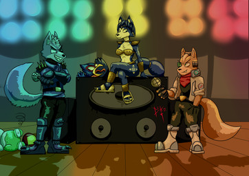 anthro electronics female group male microphone speaker destruteka friday_night_funkin' nintendo star_fox falco_lombardi fox_mccloud krystal_(star_fox) slippy_toad wolf_o'donnell amphibian avian bird canid canine canis fox frog mammal wolf absurd_res hi_res