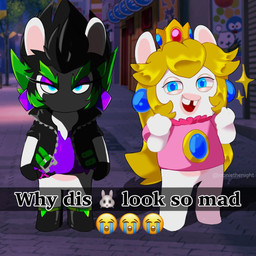 amethyst_(gem) anthro arms_bent belt black_boots black_clothing black_footwear black_hair black_handwear black_jacket black_mittens black_topwear blonde_hair blue_ear_piercing blue_eyes blue_pupils boots bottomless bottomless_anthro bottomless_female buckteeth building clothed clothing crown duo ear_piercing emoji eyebrows eyelashes featureless_crotch featureless_legs female female_anthro flat_chested footwear fur gem green_belt green_eyebrows green_hair hair half-closed_eyes handwear happy headgear jacket light long_ears long_hair mitten_hands mittens mouthless multicolored_body multicolored_hair narrowed_eyes night noseless ominous open_belt open_clothing open_jacket open_mouth open_smile open_topwear outside pantsless_anthro pantsless_female piercing pink_clothing pink_shirt pink_topwear plant pupils purple_clothing purple_ear_piercing purple_eyelids purple_shirt purple_topwear red_tongue ruby_(gem) sapphire_(gem) screencap screencap_background shirt shoes sidewalk sign smile smiling_at_viewer sparkles spiky_hair squint straight_arms tan_body tan_eyelids tan_skin teeth text thick_eyebrows tongue topwear tree two_tone_body two_tone_hair white_body white_fur jooniethenight mario_bros mario_plus_rabbids_kingdom_battle mario_plus_rabbids_sparks_of_hope nintendo raving_rabbids rayman_(series) ubisoft why_dis_look_so_mad_(meme) edge_(mario_plus_rabbids) rabbid_peach lagomorph mammal rabbid 1:1 2024 artist_name colored crossover digital_drawing_(artwork) digital_media_(artwork) english_description english_text lighting meme shaded