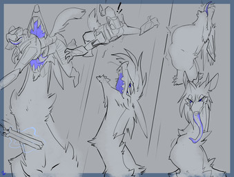 ambiguous_gender anthro armor bite bodily_fluids drooling duo long_neck long_tongue male male/male male_pred multi_eye oral_vore saliva size_difference swallowing tongue tossing vore weapon topazknight jeremy_(topazknight) alien mammal mephiphage mephitid skunk absurd_res hi_res