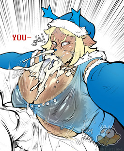 2_horns annoyed anthro anthro_penetrated antlers areola areola_slip armwear big_areola big_breasts big_nipples big_penis blonde_hair blue_horn blue_lipstick blue_nose blush blush_lines bodily_fluids breast_play breasts brown_areola cheek_bulge christmas_clothing christmas_headwear clothing cum cum_from_nose cum_in_mouth cum_in_nose cum_inside cum_on_breasts dialogue duo elbow_gloves erection eyebrows eyelashes fellatio female female_penetrated frown gem genital_fluids genitals gloves hair handwear hat headgear headwear holidays horn huge_areola huge_breasts huge_nipples huge_penis jewelry lipstick long_eyelashes makeup male male/female male_penetrating male_penetrating_female mature_anthro mature_female motion_lines necklace nipple_outline nipples oral oral_penetration orgasm pearl_(gem) pearl_necklace penetration penile penis penis_in_mouth santa_hat sex shirt short_hair sound_effects tan_body tear_trough text titfuck titfuck_under_clothes tongue tongue_out topwear translucent translucent_clothing translucent_topwear vein veiny_penis eight_strokes christmas deltarune undertale_(series) carol_holiday deer mammal 2025 artist_name english_text