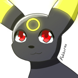 black_body black_ears circle_(marking) glowing glowing_markings markings multicolored_body multicolored_ears red_eyes smile two_tone_body two_tone_ears yellow_body yellow_ears fokkorev nintendo pokemon eeveelution generation_2_pokemon pokemon_(species) umbreon 1:1 2021 signature