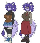 3_horns 5_fingers anthro big_breasts big_tail bottomwear breasts clothing curvy_figure cutoffs denim denim_bottomwear denim_clothing eyelashes eyewear facial_horn female fingers footwear freckled_face freckles frill_(anatomy) glasses hair horn hourglass_figure long_socks long_tail looking_at_viewer multi_horn nose_horn purple_body purple_eyes purple_hair purple_scales scales shoes shorts simple_background skirt small_waist sneakers solo sweater tail thick_thighs topwear voluptuous voluptuous_anthro voluptuous_female white_background wide_hipped_anthro wide_hipped_female wide_hips spoopy's_art_slave cavemanon_studios snoot_game sera_(snoot_game) ceratopsian dinosaur ornithischian prehistoric_species reptile scalie triceratops 2024 absurd_res digital_drawing_(artwork) digital_media_(artwork) hi_res