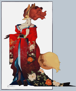 anthro asian_clothing big_breasts big_ears black_body black_fur breasts cheek_tuft cleavage clothed clothing east_asian_clothing eyeshadow facial_tuft female female_anthro floral_print fur inner_ear_fluff japanese_clothing kimono looking_at_viewer makeup mature_anthro mature_female multicolored_body multicolored_fur orange_body orange_fur pointy_nose red_eyes red_nose robe side_view small_waist smile solo tail tuft white_body white_fur wide_hips yellow_body yellow_fur sarifairy nintendo pokemon generation_9_pokemon mega_delphox mega_evolution pokemon_(species) 2026 absurd_res digital_drawing_(artwork) digital_media_(artwork) digital_painting_(artwork) full-length_portrait hi_res painting_(artwork) portrait
