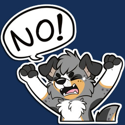 anthro belly eyes_closed floppy_ears folded_ears grey_body grey_spots open_mouth paws raised_arms solo speech_bubble spots tail telegram_sticker text upset white_belly white_spots young young_anthro niu-ka canid canine canis domestic_dog mammal 1:1