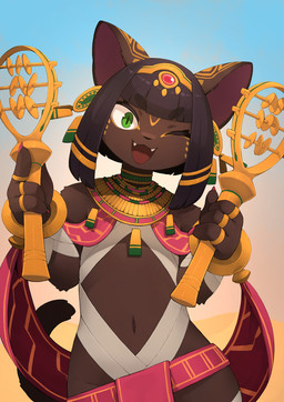 4_fingers accessory anthro biped black_hair black_nose body_wraps bottomwear bracelet brown_body brown_ears brown_fur brown_tail cheek_markings choker circle_eyebrows claws clothed clothed_anthro clothed_female clothing crotch_lines cute_fangs day desert digit_ring dunes ear_markings ear_piercing egyptian egyptian_clothing eye_markings eyebrows eyelashes facial_markings fangs female female_anthro finger_claws fingers flat_chested forehead_markings front_view fur gem gold_(metal) gold_jewelry gold_ring green_eyes hair happy head_markings holding_musical_instrument holding_object humanoid_hands jewelry kemono loincloth looking_at_viewer low-riding markings midriff monotone_hair monotone_tail musical_instrument navel necklace one_eye_closed open_:3 open_mouth open_smile outside percussion_instrument piercing pink_bottomwear pink_claws pink_clothing pink_inner_ear pink_loincloth pupils sand sand_dune sash sistrum sky slim slim_anthro slim_female slit_pupils smile solo standing tail teeth tongue usekh white_clothing wink wraps yellow_markings kamukamu6392 egyptian_mythology middle_eastern_mythology mythology bast deity domestic_cat felid feline felis mammal 2025 colored digital_media_(artwork) half-length_portrait hi_res japanese_description portrait shaded