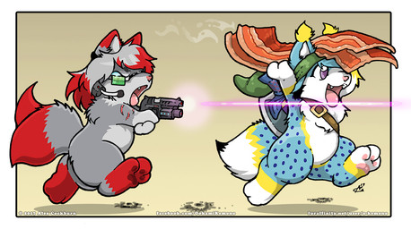 ambiguous_gender anthro bacon blue_body blue_fur cute_fangs duo fangs food fur grey_body grey_fur grey_hair gun hair meat melee_weapon multi_tail nude open_mouth pink_nose purple_eyes ranged_weapon shield sword tail teeth tongue tongue_out weapon o-kemono nintendo star_fox the_legend_of_zelda fox_mccloud link felid feline lynx mammal 2017 digital_drawing_(artwork) digital_media_(artwork)