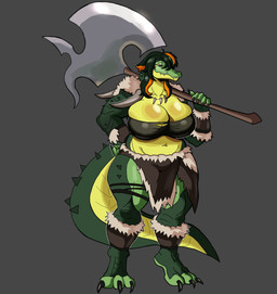 5_fingers anthro axe big_breasts black_toe_claws breasts bulging_breasts claws clothed clothed_anthro clothed_female clothing countershade_torso countershading female female_anthro fingers front_view fur_clothing green_body green_tail grey_background hair holding_axe holding_object huge_breasts jewelry large_weapon midriff navel necklace non-mammal_breasts simple_background snaggle_teeth solo standing tail teeth toe_claws topwear torn_clothing torn_topwear yellow_body yellow_countershading palesnake crocodilian reptile scalie 2025 absurd_res digital_drawing_(artwork) digital_media_(artwork) full-length_portrait hi_res portrait