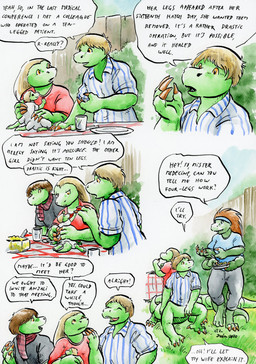 4_arms 4_fingers 6_legs accessory anthro arms_bent arms_down auburn_hair big_hair big_hands biped black_clothing black_shirt black_t-shirt black_topwear blonde_hair blue_clothing blue_eyes blue_shirt blue_sky blue_t-shirt blue_topwear bottomwear bowl brown_hair claws clothed clothing container cup cutlery cutlery_in_mouth day dialogue digitigrade dot_eyes earless eating eye_contact eyes_closed family feet female fence fingers food front_view furgonomic_shirt furgonomic_topwear furgonomics furniture gesture glass glass_bowl glass_container glass_cup grass green_body grey_bottomwear grey_clothing grey_pants group hair hand_gesture hand_on_chest hand_on_shoulder hand_on_table hands_on_another headband holding_another holding_object kitchen_utensils knife laugh long_hair looking_aside looking_at_another looking_down looking_up_at_another male multi_arm multi_limb onesie open_mouth orange_eyes outside pants pattern_clothing pattern_shirt pattern_t-shirt pattern_topwear paws plant plate quadruped raised_hand red_clothing red_shirt red_t-shirt red_topwear salad scarf sharp_teeth shirt short_hair short_tail shrub simple_background simple_eyes sitting sky smile snout speech_bubble spoon sprawling_gait standing straight_hair striped_clothing striped_shirt striped_t-shirt striped_topwear stripes t-shirt table tablecloth tail teeth text toes tools topwear tree white_background white_bottomwear white_clothing white_onesie white_shirt white_t-shirt white_topwear wood wood_fence yellow_claws young young_male young_taur cervelet deon_(growing_troubles) liz_(growing_troubles) miles_(growing_troubles) nia_(growing_troubles) simon_(growing_troubles) lizard lizard_taur long_taur reptile reptile_taur scalie scalie_taur taur 2021 comic english_text handwritten_text multiple_scenes painting_(artwork) shaded signature traditional_media_(artwork) traditional_painting_(artwork) traditional_watercolor_(artwork) watercolor_(artwork) father_(lore) father_and_child_(lore) father_and_son_(lore) mother_(lore) mother_and_child_(lore) mother_and_son_(lore) parent_(lore) parent_and_child_(lore) parent_and_son_(lore) son_(lore)