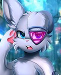 anthro blue_eyes city city_background cybernetics fur machine male open_mouth solo underpaw visor pridark cyborg lagomorph leporid mammal rabbit 2021 hi_res