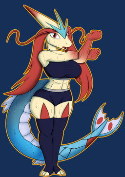 abs aguynamedrambler anthro big_breasts big_tail blue_body blue_scales bodily_fluids bottomwear breasts clothed clothing exercise eyebrows female hair horn long_eyebrows looking_at_viewer muscular muscular_anthro muscular_female open_mouth red_body red_eyes red_hair scales simple_background solo standing sweat tail thick_thighs topwear transparent_background wide_hips workout workout_clothing mythology naydrin aquatic aquatic_dragon dragon mythological_creature mythological_scalie scalie absurd_res alpha_channel digital_media_(artwork) hi_res