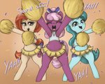 5:4 anthro bottomwear cheerilee_(mlp) cheerleader clothed clothing english_text equid equine featureless_crotch female friendship_is_magic group hasbro hi_res lighthoof_(mlp) mammal my_little_pony no_underwear pom_poms semi-anthro shimmy_shake_(mlp) skirt t72b text