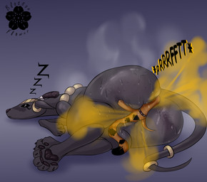 accessory big_butt black_body black_fur bodily_fluids butt duo ear_piercing ear_ring fart fart_cloud fart_fetish farting_on_face feet female feral fur furgonomics huge_butt jewelry markings musk musky_butt onomatopoeia pawpads paws piercing ring ring_piercing simple_background sleeping soles sound_effects spots spotted_markings steam sweat sweaty_butt tail tail_accessory tail_jewelry tail_ring text toes blossonflower heba_(blossonflower) canid canine canis domestic_dog mammal absurd_res hi_res watermark