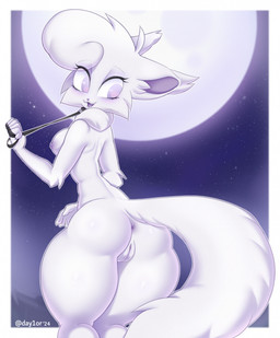 anthro anus border breasts collar detailed_background female fur genitals leash leash_pull leashed_collar looking_back moon neck_tuft nipples open_mouth purple_eyes purple_inner_ear rear_view sky solo star starry_sky tail text tuft vulva white_body white_border white_fur day1or liene_(day1or) artist_name hi_res
