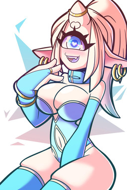 1_eye armwear blush breasts bridal_gauntlets clothed clothing collar ear_piercing eyelashes female hair heart_eyes heart_symbol horn looking_at_viewer navel open_mouth piercing ponytail skindentation solo teeth jomokin bynx_(cclowndogg) cyclops humanoid 2:3 absurd_res hi_res
