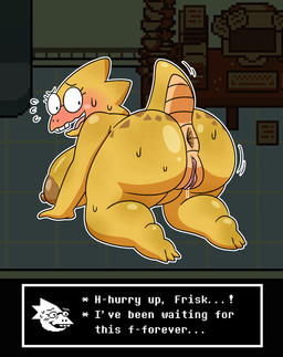 all_fours anthro anus big_anus big_breasts big_butt blush bodily_fluids breasts butt dialogue eyewear female genitals looking_back nipples non-mammal_breasts non-mammal_nipples nude requesting sex_request slightly_chubby solo sweat tail text vulva yellow_body surjang undertale undertale_(series) alphys lizard reptile scalie absurd_res hi_res
