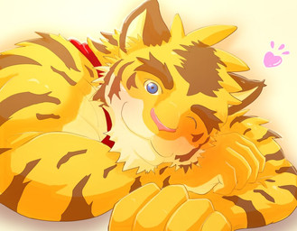 ;3 anthro blinking blue_eyes blush clothing heart_symbol male shirt simple_background smile solo tank_top topwear wo morenatsu torahiko_ooshima felid mammal pantherine tiger 2024