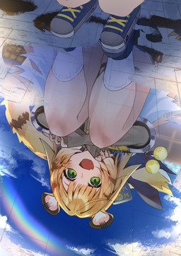 animal_ears bare_legs bent_legs blonde_hair blue_clothing blue_footwear blue_shoes blush clothing cloud crouching cute_fangs fangs female footwear glistening glistening_hair green_eyes hair happy long_hair markings open_mouth puddle rainbow raised_tail reflection shoes sky socks solo striped_hair striped_markings striped_tail stripes tail tail_markings teeth white_clothing white_footwear white_hair white_socks young young_female young_humanoid hiyashitohu mihoyo zenless_zone_zero ju_fufu animal_humanoid felid felid_humanoid humanoid mammal mammal_humanoid pantherine pantherine_humanoid thiren tiger_humanoid hi_res