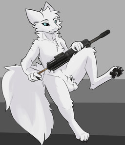 4_fingers 4_toes animal_genitalia anthro balls bedroom_eyes black_pawpads black_sclera blue_eyes claws digitigrade feet fingers fluffy fluffy_tail fur genitals gun looking_at_viewer male narrowed_eyes nude pawpads paws penis penis_tip presenting presenting_balls presenting_penis presenting_penis_tip ranged_weapon rifle seductive sheath simple_background sitting solo tail toes weapon white_body white_fur envoyager casualties:_unknown gunsaw canid canine gunsawian mammal milky_(gunsawian) digital_media_(artwork) hi_res