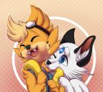 accessory ambiguous_gender bite duo gradient_background neck_bite pattern_background simple_background smile luxx-fuxx nintendo pokemon maka_(anthemoftears) buizel floatzel generation_1_pokemon generation_4_pokemon persian_(pokemon) pokemon_(species)