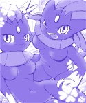 5:6 anthro anthrofied blue_and_white blush breasts claws duo featureless_breasts female female/female g-sun generation_4_pokemon looking_at_viewer mammal monochrome nintendo nude open_mouth pokemon pokemon_(species) pokemorph tongue tongue_out weavile
