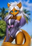 anthro black_nose blue_eyes blurred_background eyelashes female hair looking_at_viewer smile solo white_hair wide_hips adorableinall nitricacid chocolate_(hybridchocolatebar) canid canine mammal digital_media_(artwork) hi_res