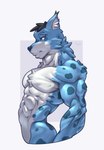 abs anthro black_hair blue_body blue_eyes blue_fur blue_nose blue_spots cheek_tuft chest_tuft closed_smile clothed clothing facial_tuft fur hair half-closed_eyes light male male_anthro markings mouth_closed multicolored_body multicolored_fur muscular muscular_anthro muscular_male narrowed_eyes pecs rectangle short_hair side_view simple_background smile solo spots spotted_body spotted_fur thin_eyebrows topless topless_anthro tuft white_background white_body white_fur white_inner_ear tuqoo aeim felid feline lynx mammal 2024 colored digital_drawing_(artwork) digital_media_(artwork) half-length_portrait hi_res lighting portrait shaded