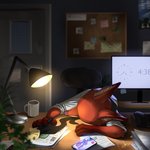 1:1 2020 anthro canid canine chair clothing computer container cup desk detailed_background disney electronics fox fur furniture hi_res inner_ear_fluff inside judy_hopps light male mammal nick_wilde orange_body orange_fur paper pen phone red_fox relaxablefur shirt signature sleeping solo table topwear true_fox tuft zootopia