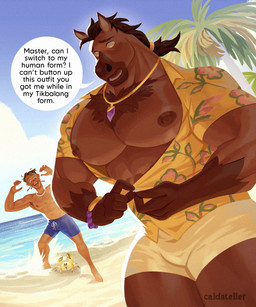 abs after_transformation anthro areola armpit_hair aroused beach blood blue_clothing blue_sky blue_swimming_trunks blue_swimwear bodily_fluids body_hair bottomwear bracelet brown_body brown_fur brown_hair buttoning_shirt caustics chest_hair clothing cloud collared_shirt dress_shirt duo floral_pattern fur hair jewelry light light_shorts male muscular muscular_anthro muscular_male necklace nipples nosebleed open_mouth outside palm_tree pecs pendant plant ponytail raised_arm rim_light sand shirt shorts sky speech_bubble splash swimming_trunks swimwear tan_body tan_skin teeth text thick_thighs tight_bottomwear tight_clothing tight_shirt tight_shorts tight_topwear tongue topwear tree water yellow_clothing yellow_eyes yellow_shirt yellow_topwear caldatelier philippine_mythology arthropod crab crustacean decapod equid equine horse human malacostracan mammal tikbalang werecreature wereequine werehorse 5:6 artist_name colored english_text hi_res lighting shaded