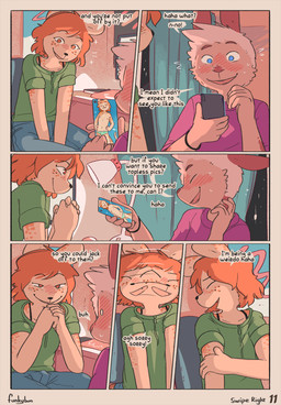 bed clothed clothing electronics exhibitionism freckles furniture inside male phone phone_screen conditional_dnp funkybun amie_(funkybun) jake_(funkybun) hare lagomorph leporid mammal mustelid otter comic hi_res trans_(lore) trans_woman_(lore)