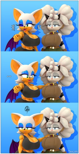 anthro big_breasts blue_eyes border breasts cleavage clothed clothing duo female green_eyes hair horn huge_breasts white_border white_hair wings tahlian idw_publishing sega sonic_the_hedgehog_(comics) sonic_the_hedgehog_(idw) sonic_the_hedgehog_(series) unamused_friend_comic_(meme) lanolin_the_sheep_(sonic) rouge_the_bat bat bovid caprine mammal sheep 3d_(artwork) absurd_res comic digital_media_(artwork) hi_res meme