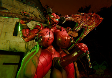 animal_genitalia animal_penis anthro axe blood blood_on_face blood_on_hand bodily_fluids breasts equine_genitalia equine_penis genital_fluids genitals glowing glowing_eyes intersex looking_at_viewer night nipple_piercing nipple_ring nipples penis piercing precum ring_piercing xenomaker_(artist) da.nilkaz_(modeler) xenomaker_(modeler) doom_(series) id_software microsoft avarice_(ruby76) baron_of_hell 3d_(artwork) digital_media_(artwork) hi_res