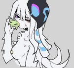 anthro blue_eyes breasts eating female floppy_ears fur markings mask nipple_tape pasties simple_background solo tape white_body white_fur wool_(fur) podo league_of_legends riot_games tencent kindred_(lol) lamb_(lol) bovid caprine mammal sheep hi_res