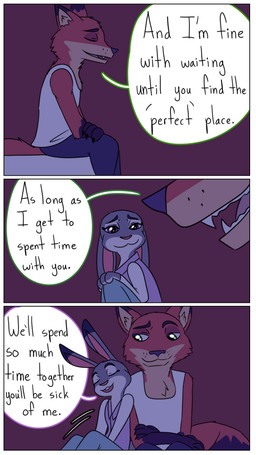 anthro bottomwear claws clothing collared_shirt dialogue dipstick_ears dress_shirt duo ear_markings ears_down ears_up eyes_closed female fur green_eyes grey_body grey_fur male motion_lines multicolored_ears open_mouth orange_body orange_fur pants paws pivoted_ears purple_eyes shirt simple_background speech_bubble teeth text three_frame_image topwear undershirt hahstudios disney zootopia judy_hopps nick_wilde canid canine european_rabbit fox lagomorph leporid mammal oryctolagus rabbit red_fox true_fox comic english_description english_text