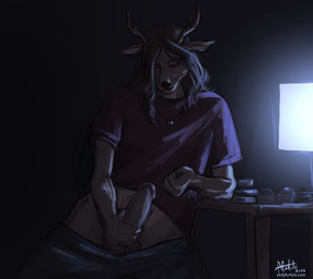anthro antlers athletic athletic_gynomorph athletic_intersex balls blush book book_stack bottomwear bottomwear_down brown_hair chair circumcised clothed clothing colored_nails computer_monitor dark_room desk elbow_on_table erection eyewear furniture genitals glasses glasses_off gynomorph hair horn humanoid_genitalia humanoid_penis intersex jewelry looking_down looking_pleasured masturbation motion_lines multicolored_body nails necklace office_chair on_chair pants pants_down partially_clothed penile penile_masturbation penis penis_grab raised_clothing raised_shirt raised_topwear screen screen_glow shirt sitting sitting_on_chair solo t-shirt table text topwear two_tone_body andyfurfulz ria_(andyfurfulz) deer mammal new_world_deer white-tailed_deer english_text guide_lines hi_res signature url trans_(lore) trans_woman_(lore)