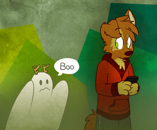 anthro antlers bottomwear brown_body brown_fur clothing costume dialogue duo fur green_background green_bottomwear green_clothing green_eyes green_pants horn male pants red_clothing red_sweater red_topwear simple_background sweater tan_body tan_fur text topwear tinydeerguy darwin_(tinydeerguy) matt_riskely canid canine canis deer domestic_dog ghost mammal spirit english_text