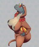 anthro bedroom_eyes big_breasts breasts cleavage clothed clothing female furgonomics hand_on_hip looking_at_viewer narrowed_eyes nipple_slip onesie pose seductive solo tail turkey_costume arttukorppu allosaurid dinosaur prehistoric_species reptile scalie theropod absurd_res hi_res