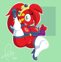 breasts clothing crown ear_piercing female genitals hair headgear legwear looking_at_viewer necktie nipples not_furry piercing red_body red_hair roja shortstack shortstack_female smile solo vulva pizzacat cyclops humanoid