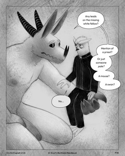 3_fingers 3_toes 4_fingers anthro bat_nose black_sclera border dialogue duo eye_contact eyebrows feet fingers genitals horn looking_at_another male nipples penis priest priest_robes sitting size_difference sketchy speech_bubble text toes sharkinthepark all_mighty_lord_(sharkinthepark) avian bat bird mammal owl 2026 4:5 absurd_res comic english_text hi_res monochrome